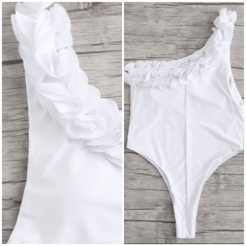 White One Shoulder Ruffle Swimsuit - Picture 3 of 8